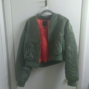 Olive Cropped Bomber Jacket w/ Orange Lining